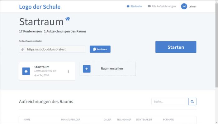 Startseite von BigBlueButton mit Raumansicht des Lehrers und Aufzeichnung